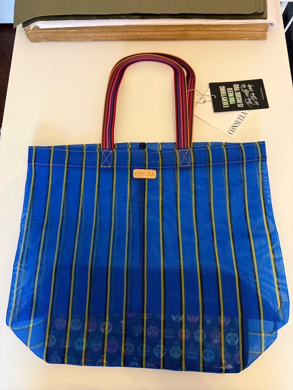 Consuela Blue Striped Tote with Multicolor Handles New with tags